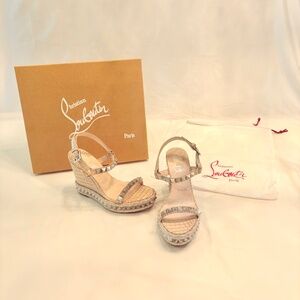 Christian Louboutin Pyraclou 110 Wedge Sandals Beige Croc Embossed - Size 38